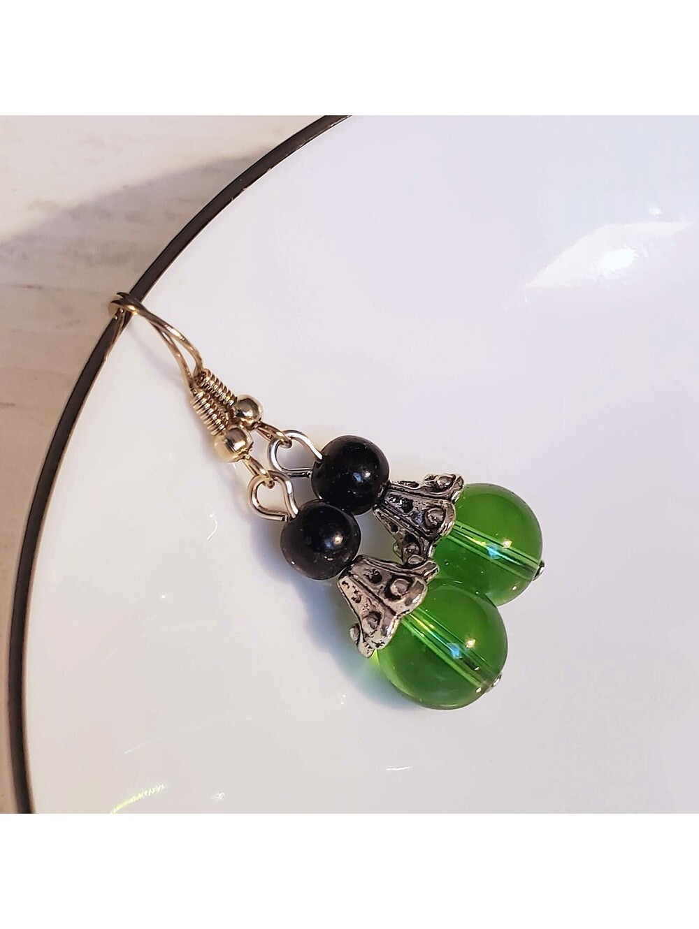 Eclectic Black Green Glass Bead Antiqued Silver Fancy Bead Cap Earrings - Picture 4 of 5